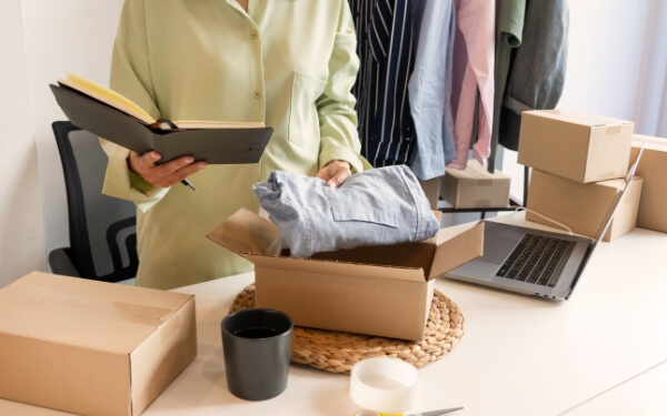 Woman packing boxes together