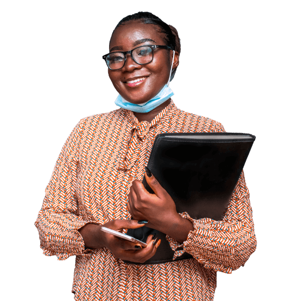A happy woman holding a laptop